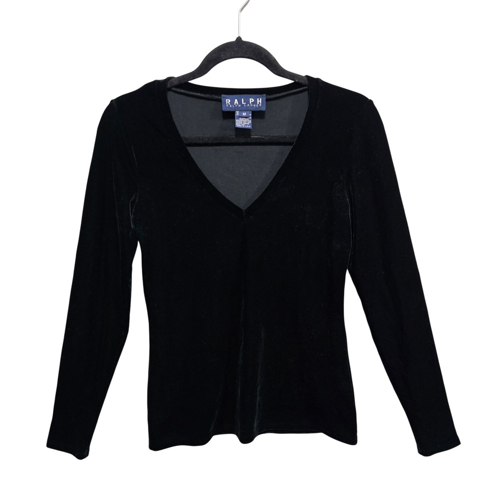 Ralph Lauren Black Velvet Long Sleeve Blouse Size Medium V-neck Vintage